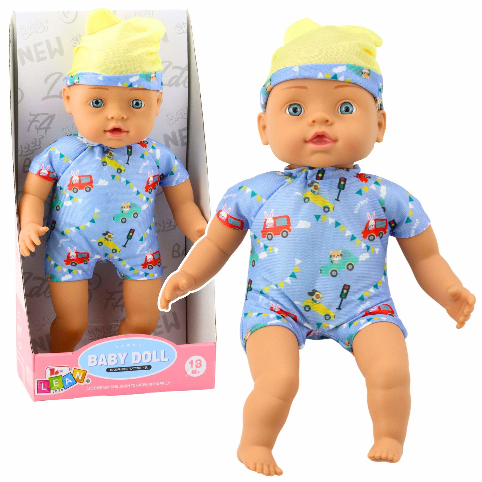 Babydukke, blåt outfit med mønstre, hat med ører, 31 cm