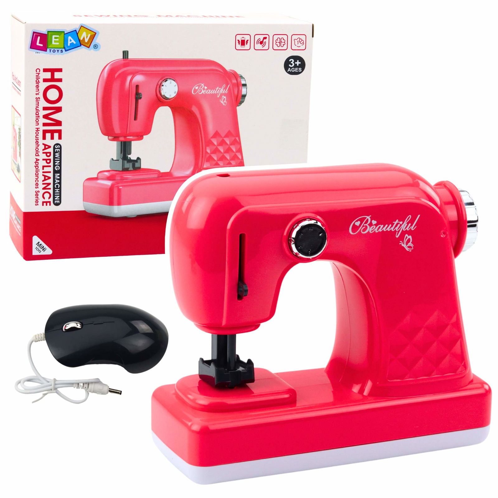Legetøjssymaskine med mus, lys, lyserød til børn