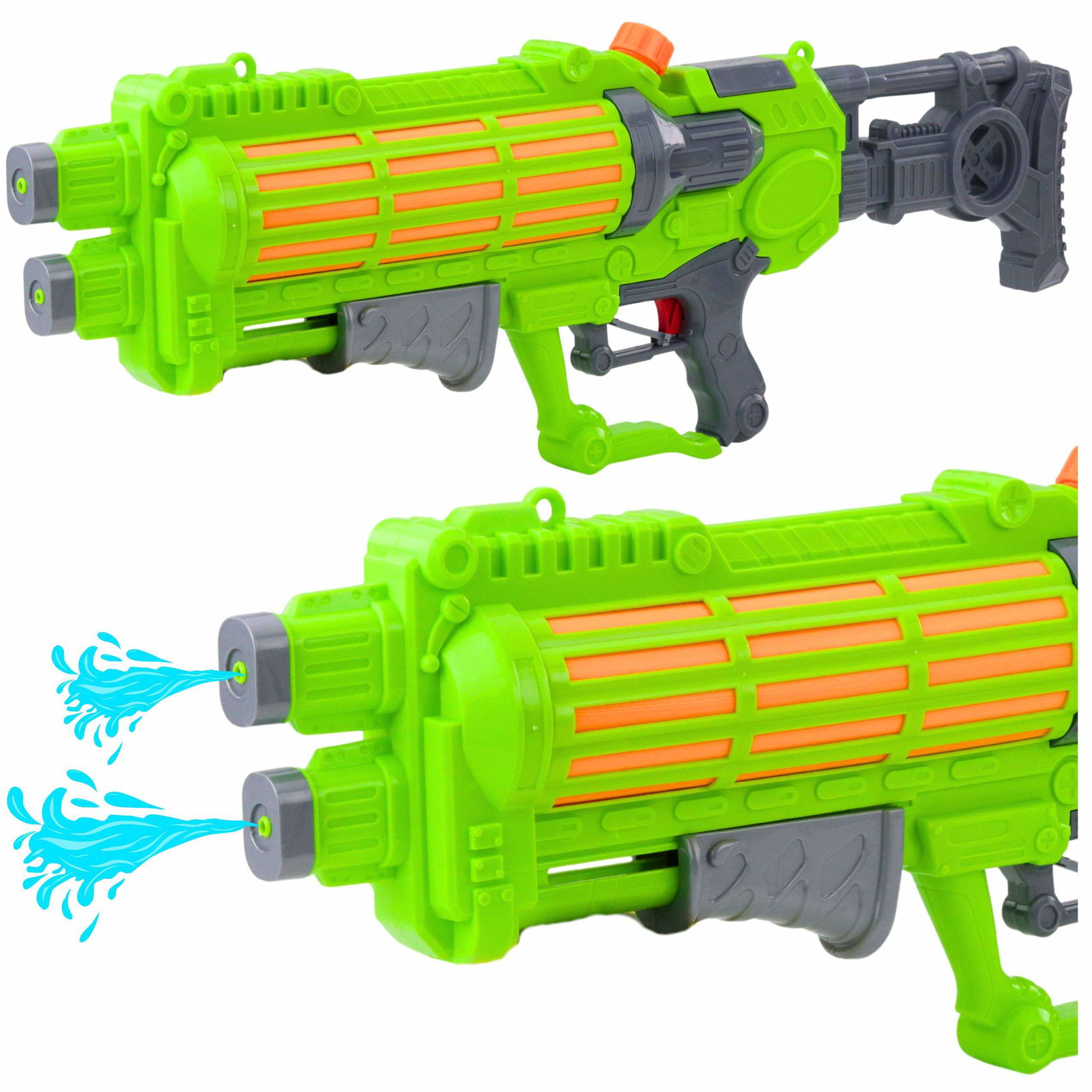 Stor mekanisk vandpistol, dobbelt dyse, grøn, 1250ml