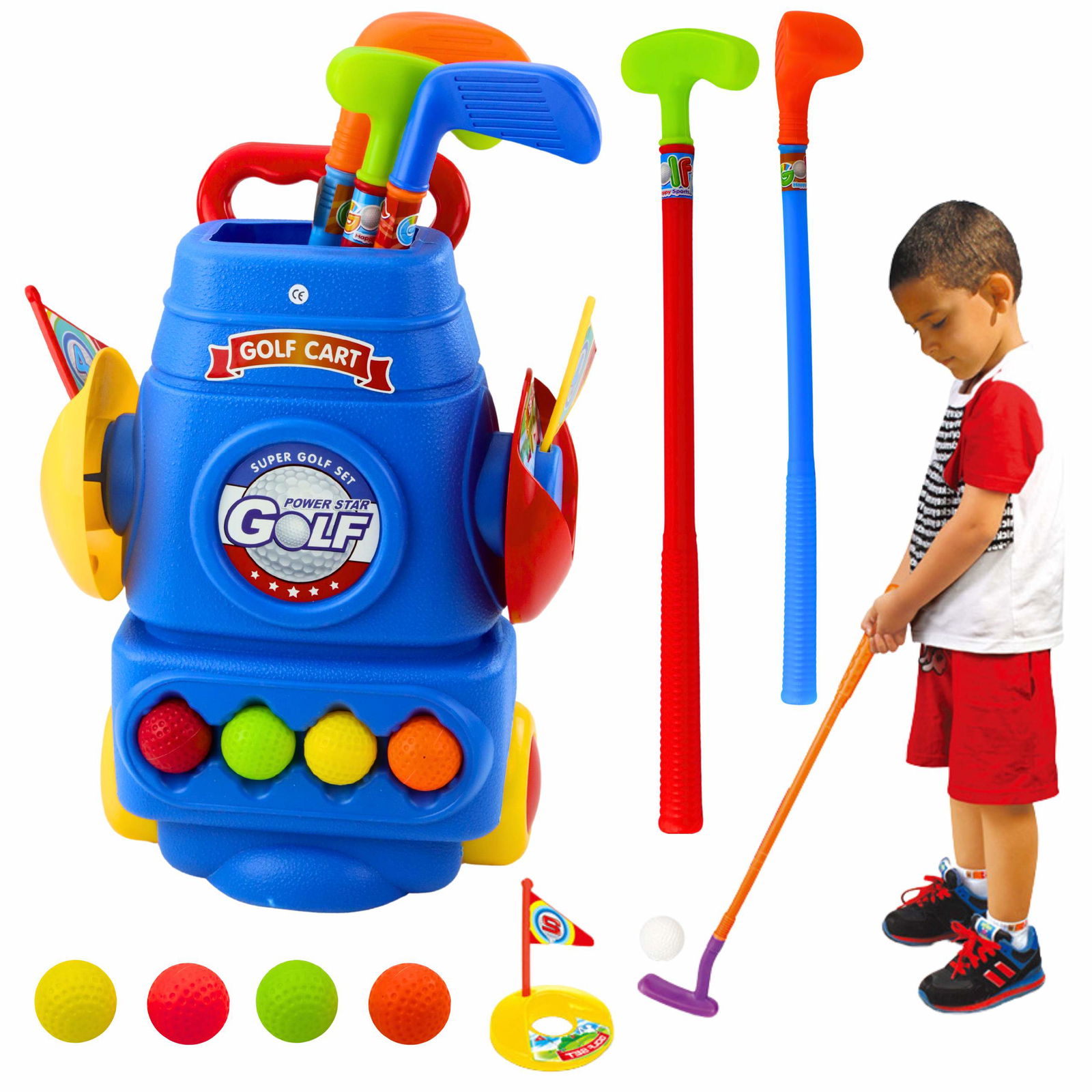 Golfsæt: vogn, 3 køller, 2 flag, 4 bolde