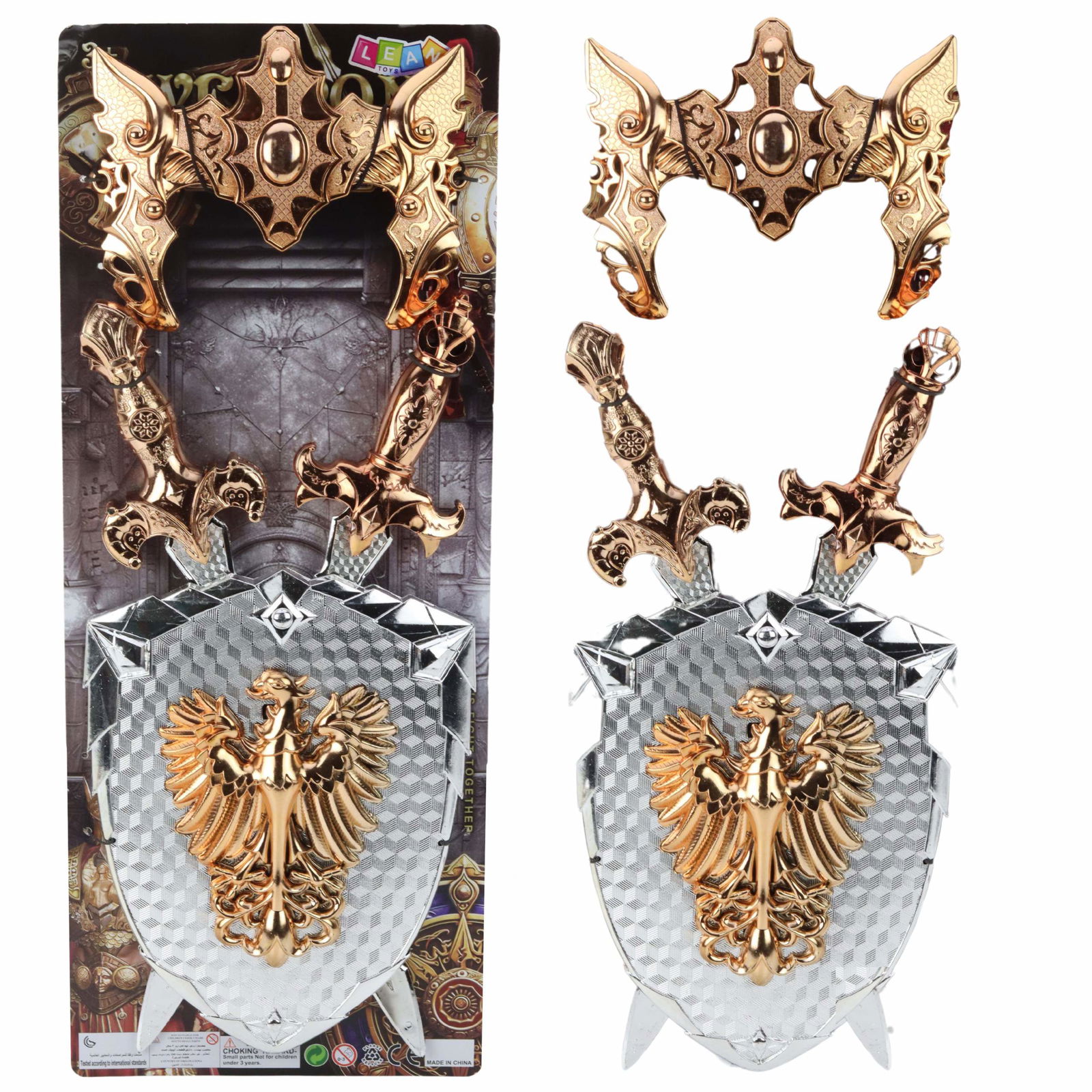 Riddersæt: Skjold, to sværd, maske, sølv-guldørn