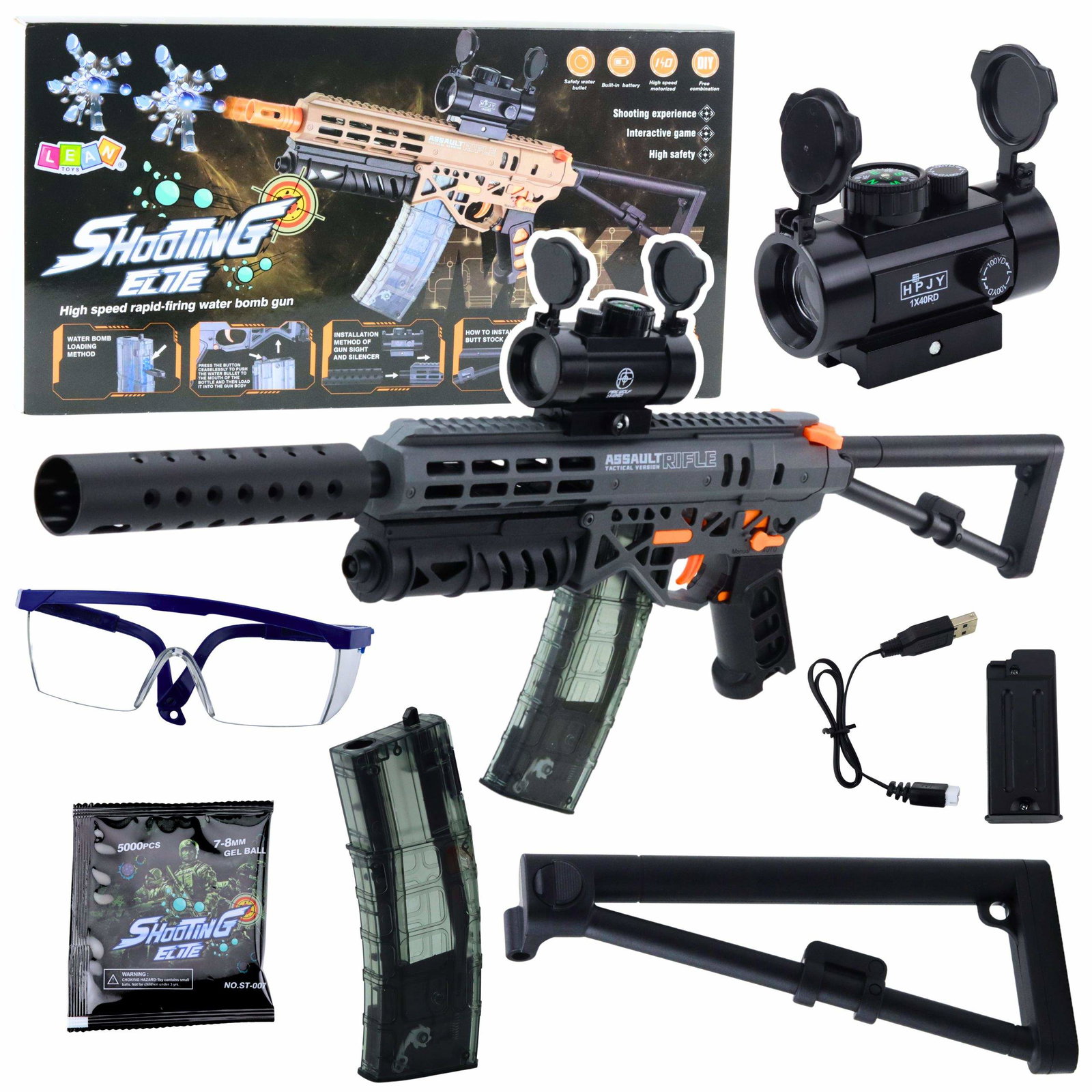 Vandperlepistol med batteri, syn, briller, perler