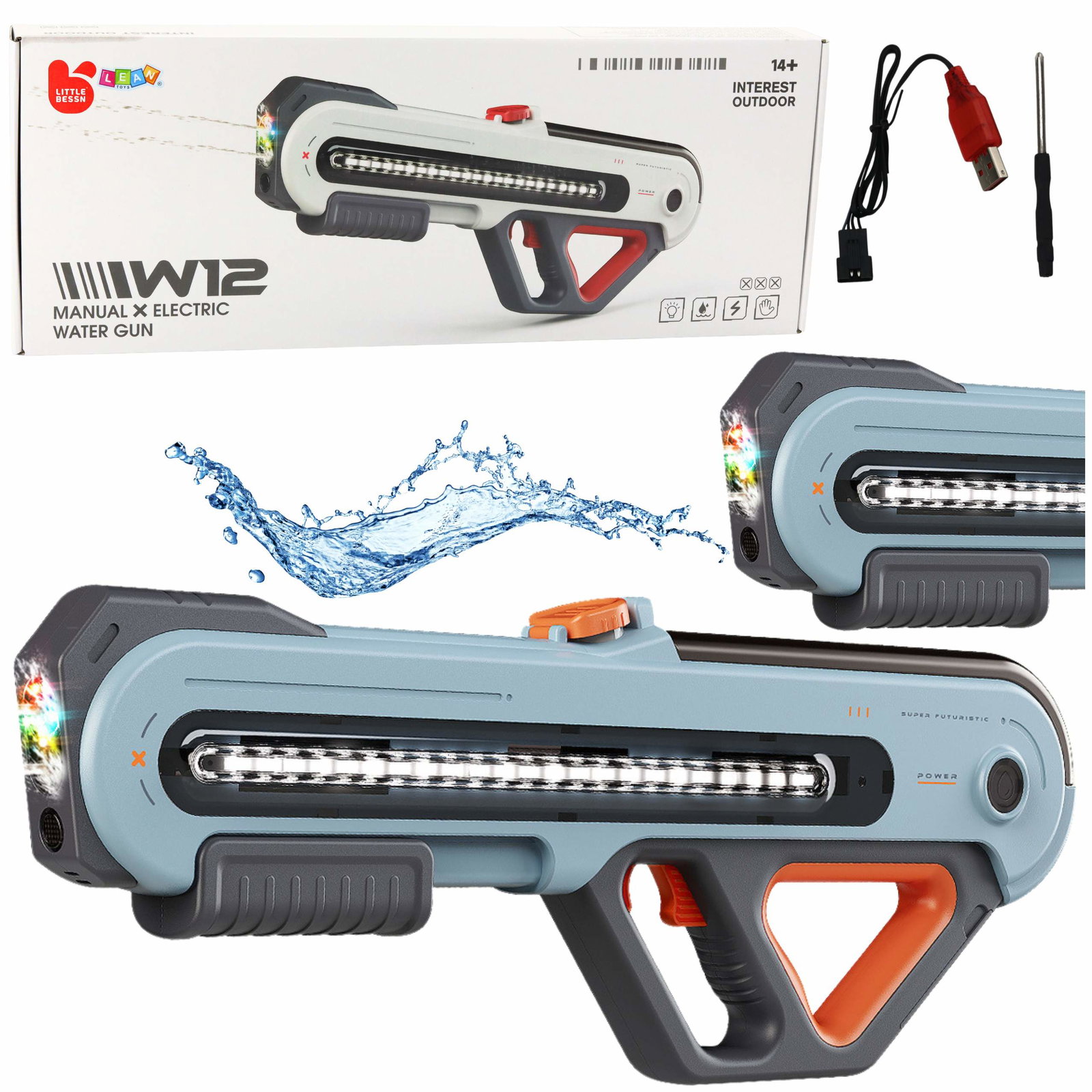 Elektrisk vandpistol med LED, Grå, 60cm