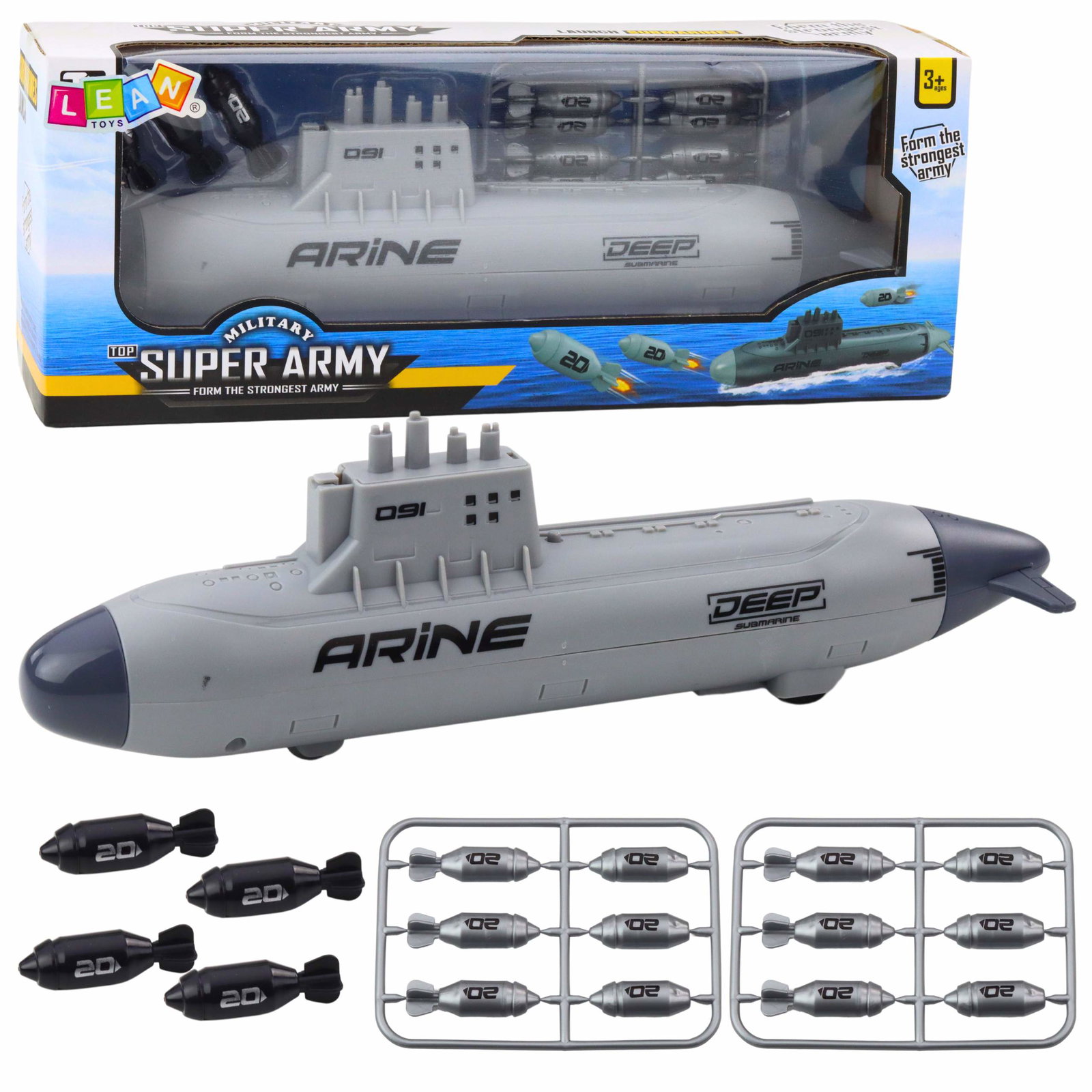 Ubådslegetøj med Torpedo Launcher, Grå, 28 cm
