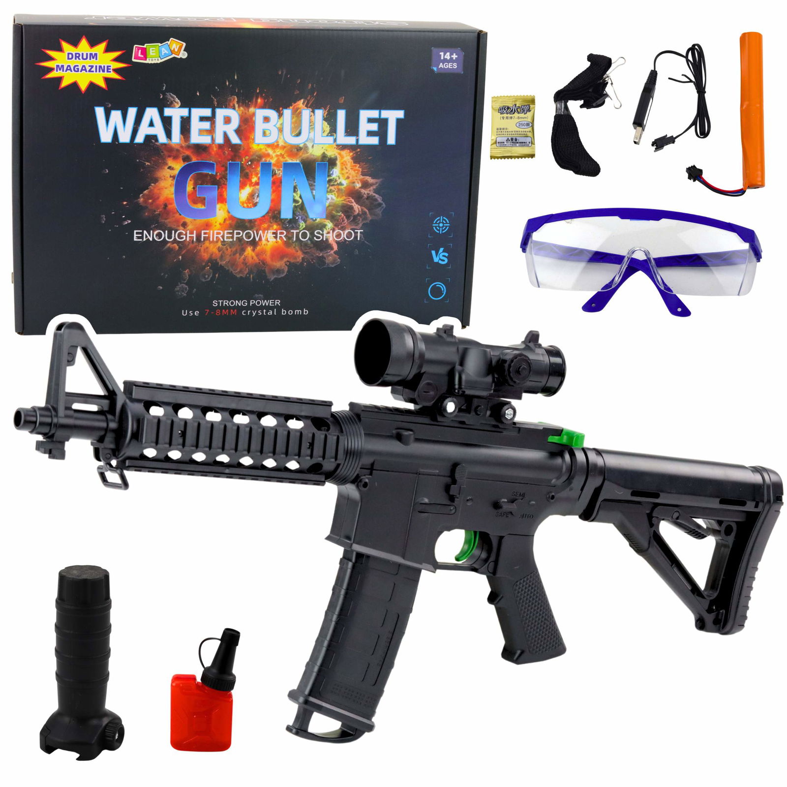 Water Gel Ball Blaster med sigte og briller, sort, 86cm