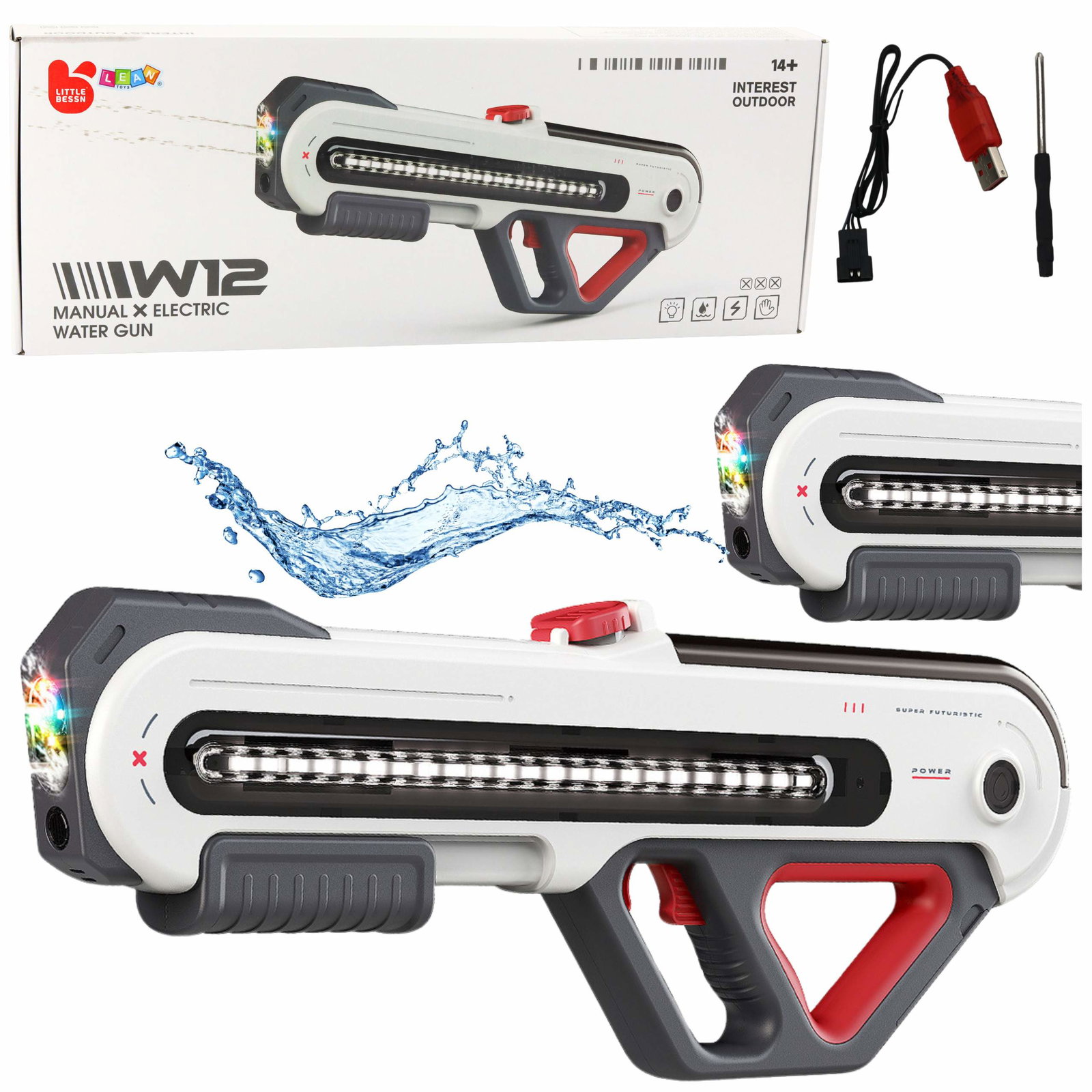 Elektrisk vandpistol med LED, Hvid, 60cm