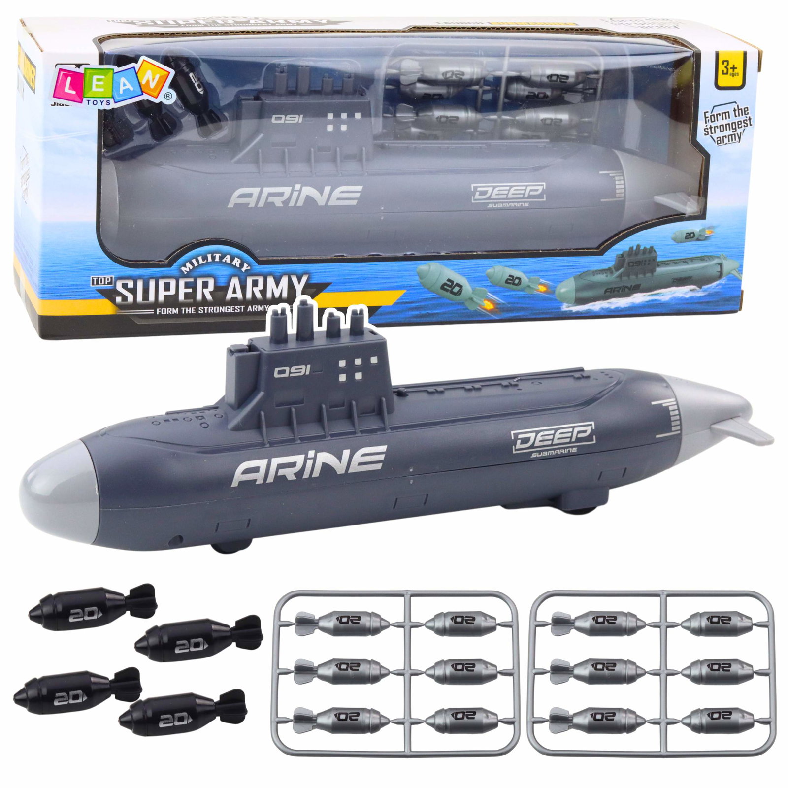 Ubådslegetøj med Torpedo Launcher, mørkegrå, 28 cm