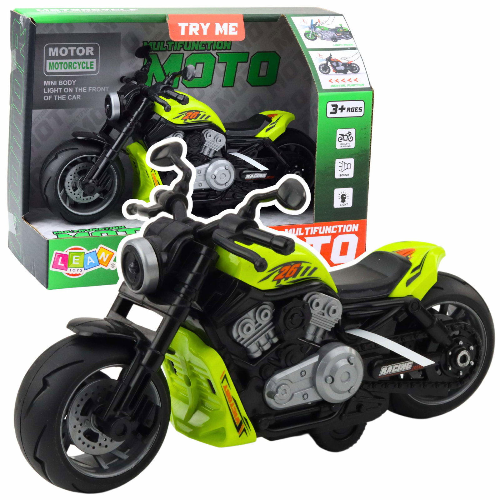 Batteridrevet legetøjsmotorcykel med lys og lyde, grøn