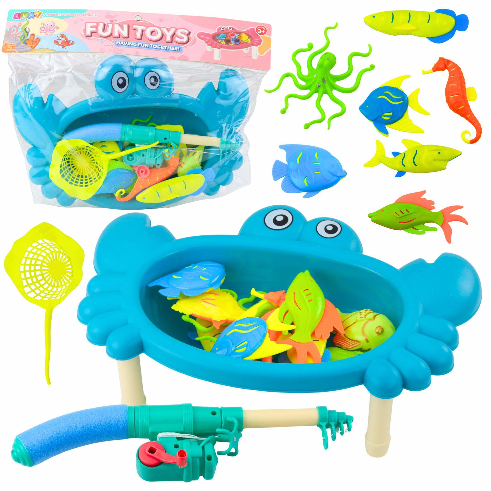 Fiskelegesæt – Krabbebord, 10 fisk, stang, blå