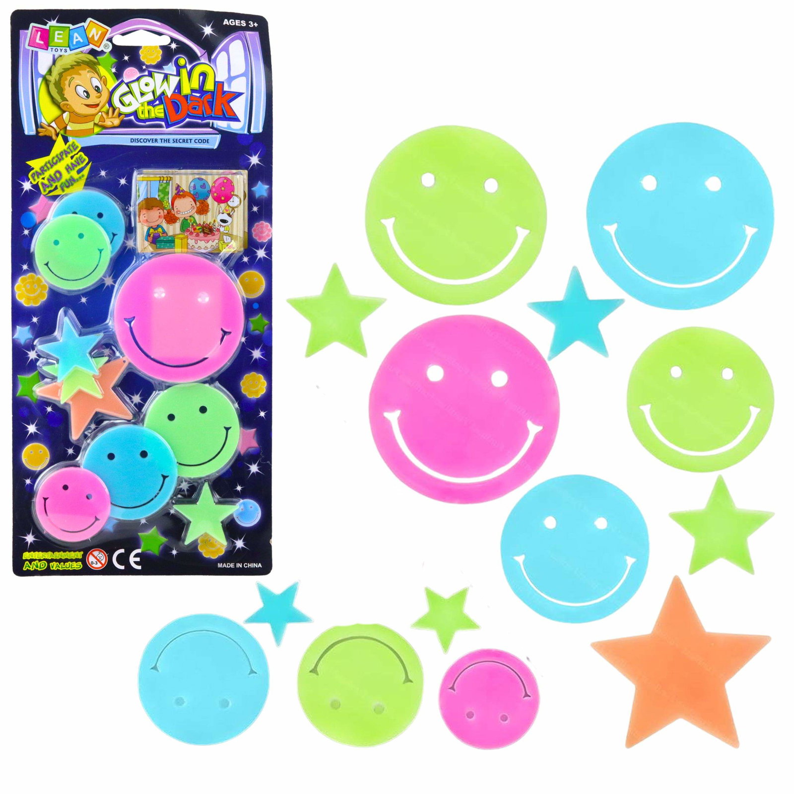Fluorescerende vægklistermærker, Smiley-ansigter & stjerner, 10 stk