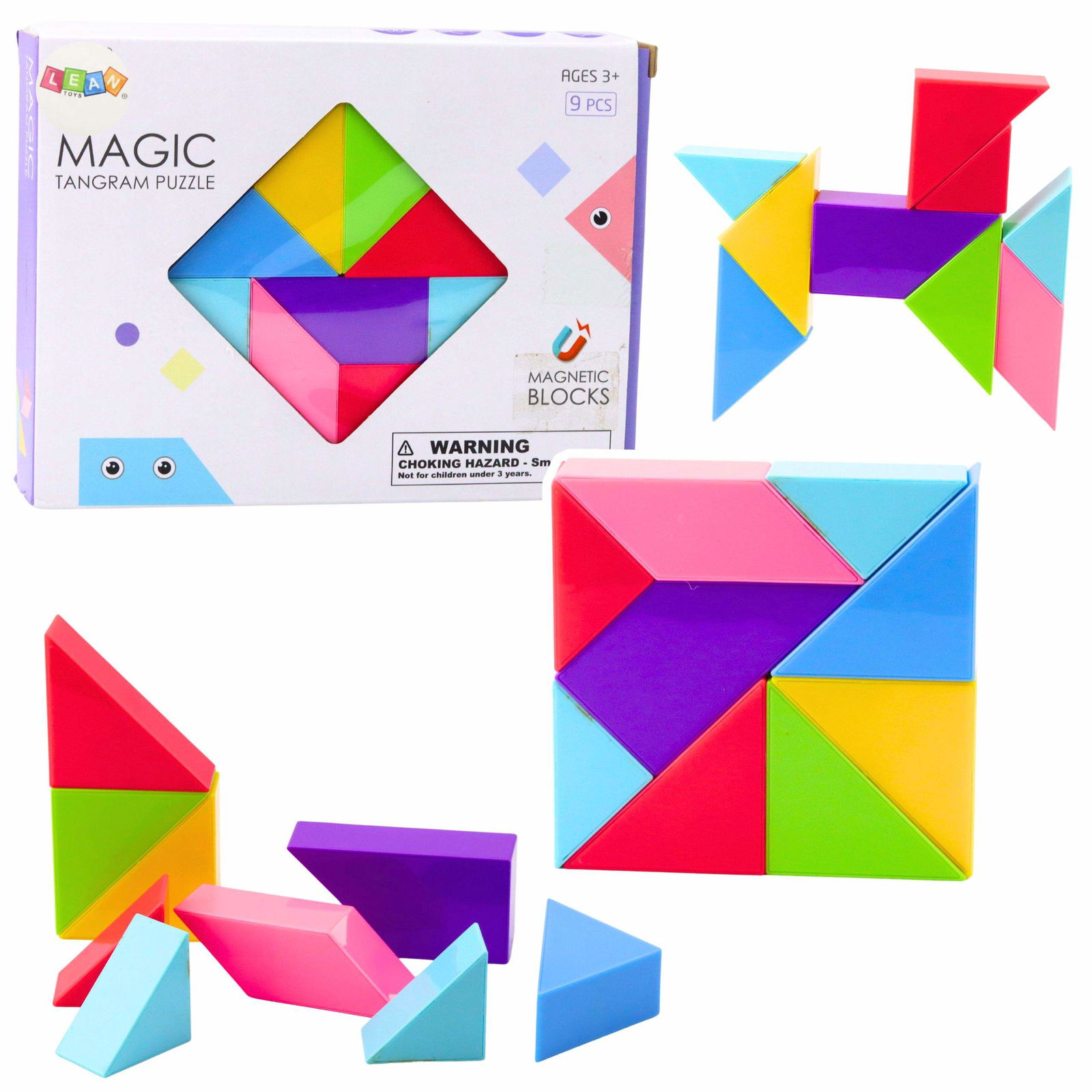 Magnetisk Tangram-puslespilsæt med klistermærker, 9 stykker