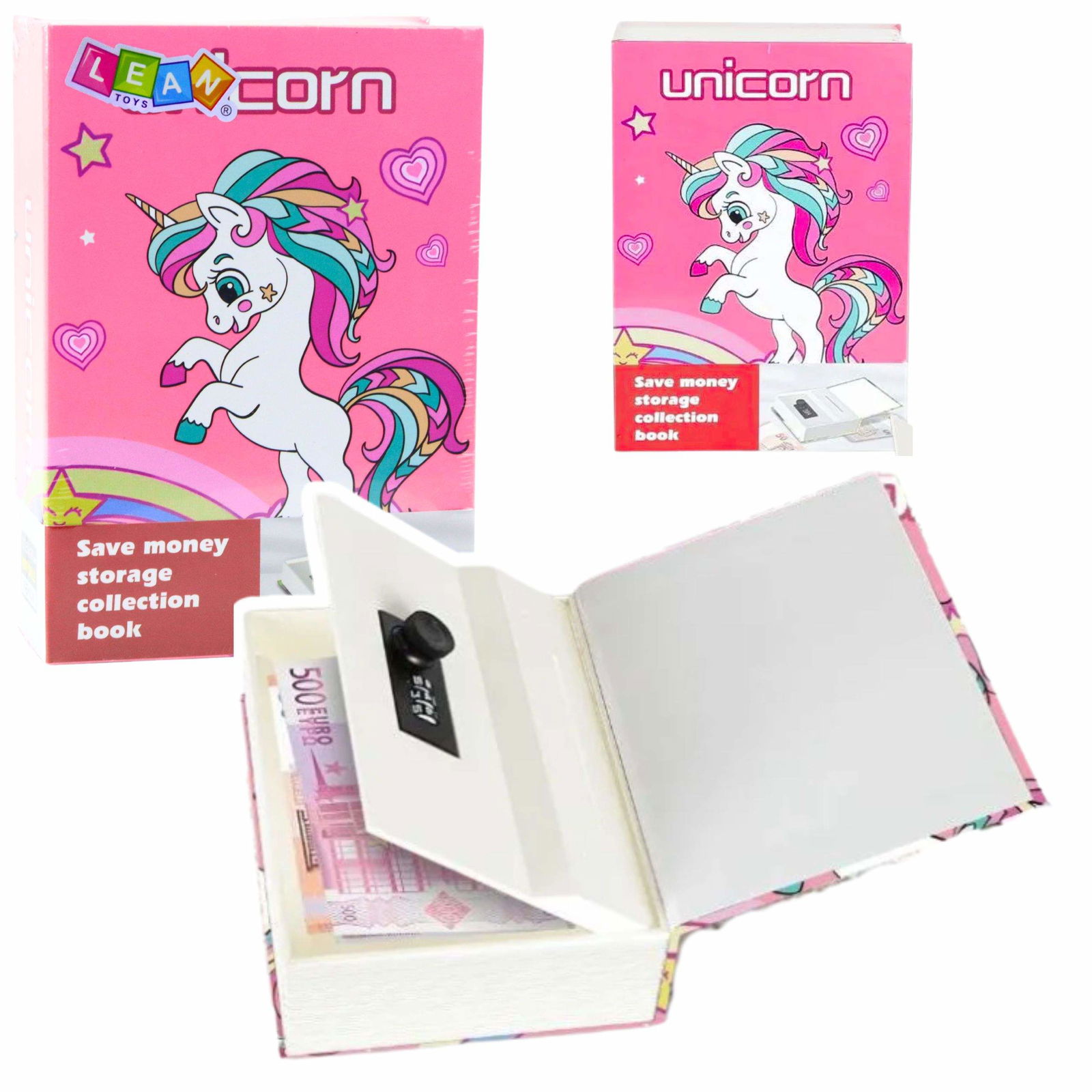Unicorn Code Lock Book Pengeskab, Pink skjult sparegris