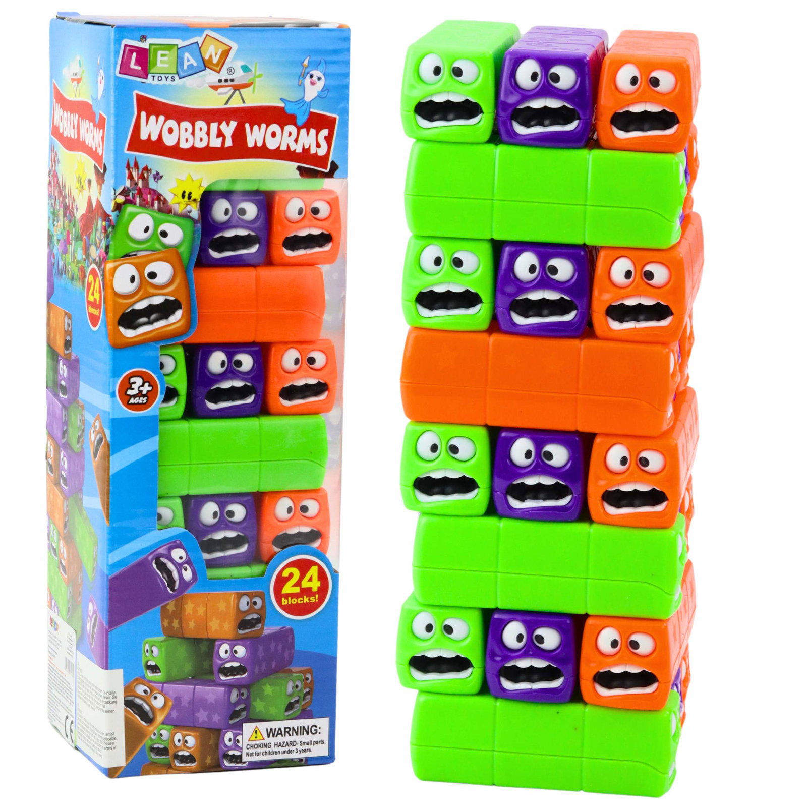 Farverigt stabeltårnspil, 24 blokke med ansigter