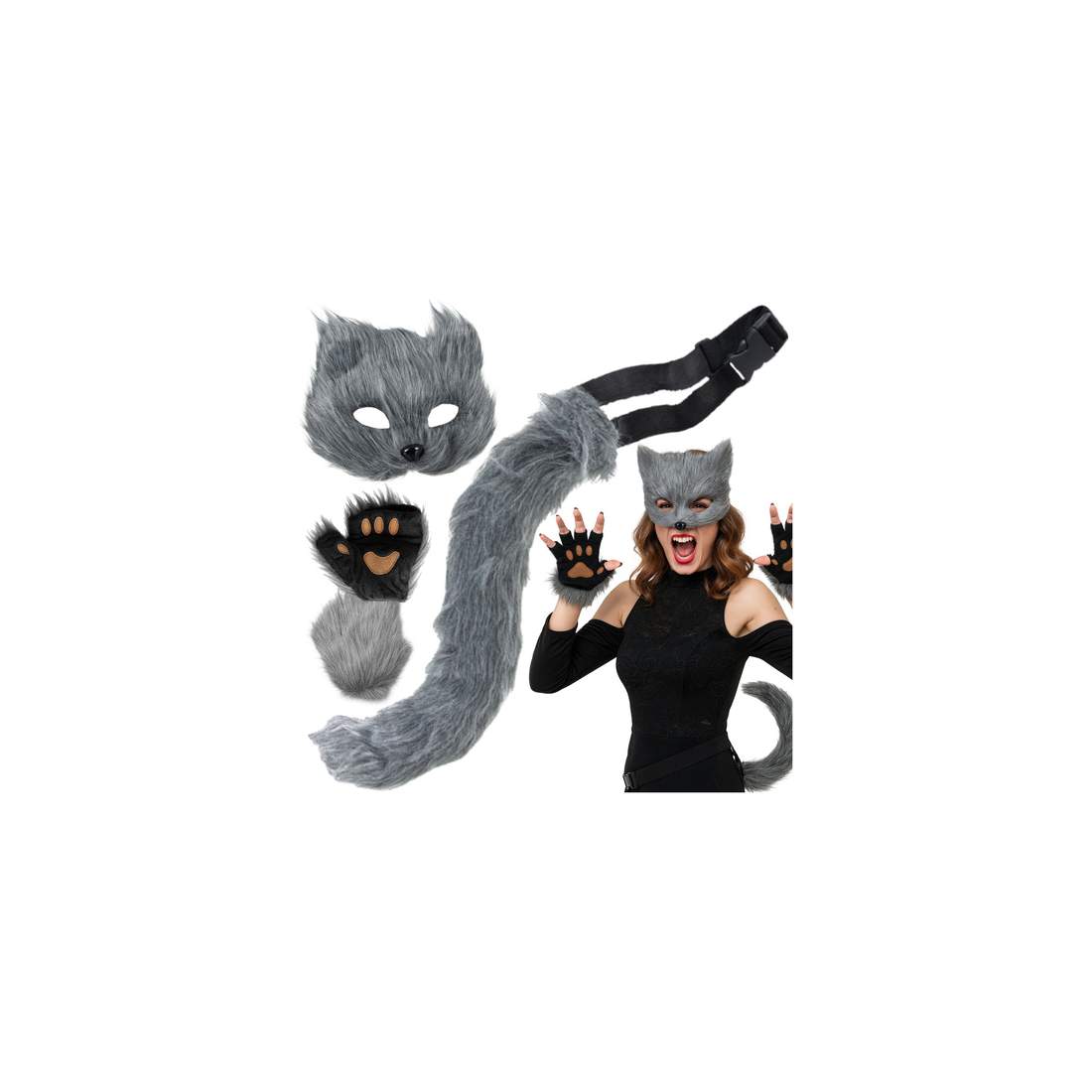 Grått 4-delat katt-/rävkostymset – mask, svans, tassar | Hem & Hobby | Pryloteket