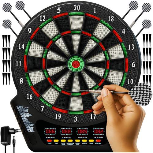 Elektronisk dartskivesæt, 4 LED-displays, 6 dartpile, 27 spil