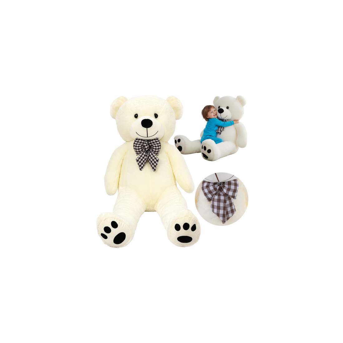 Jättestor nallebjörn 180 cm – Mjuk, krämig plysch med rosett | Hem & Hobby | Pryloteket