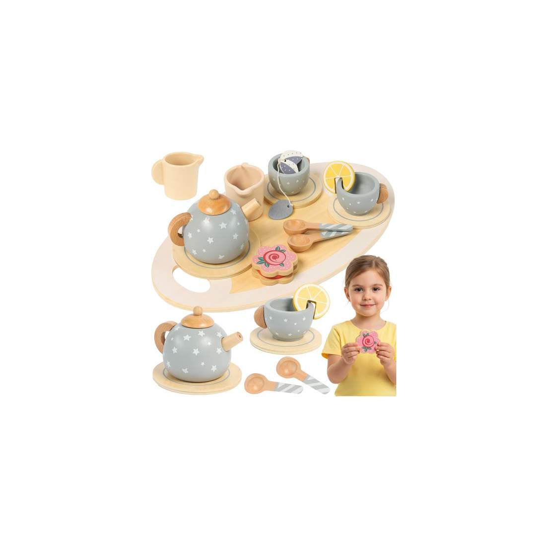Träteservis för barn med tillbehör – grå | Hem & Hobby | Pryloteket