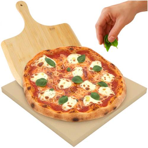 Pizzasten 38x36 cm med bambusspatel – Cordierite