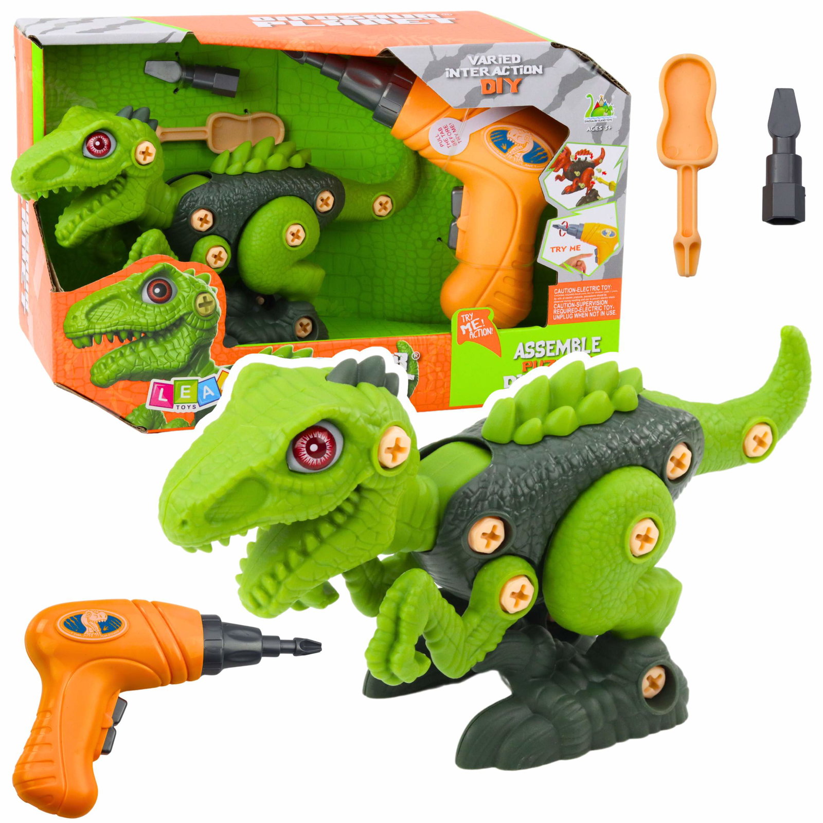 Grønt DIY dinosaur samlingslegetøj med boremaskine