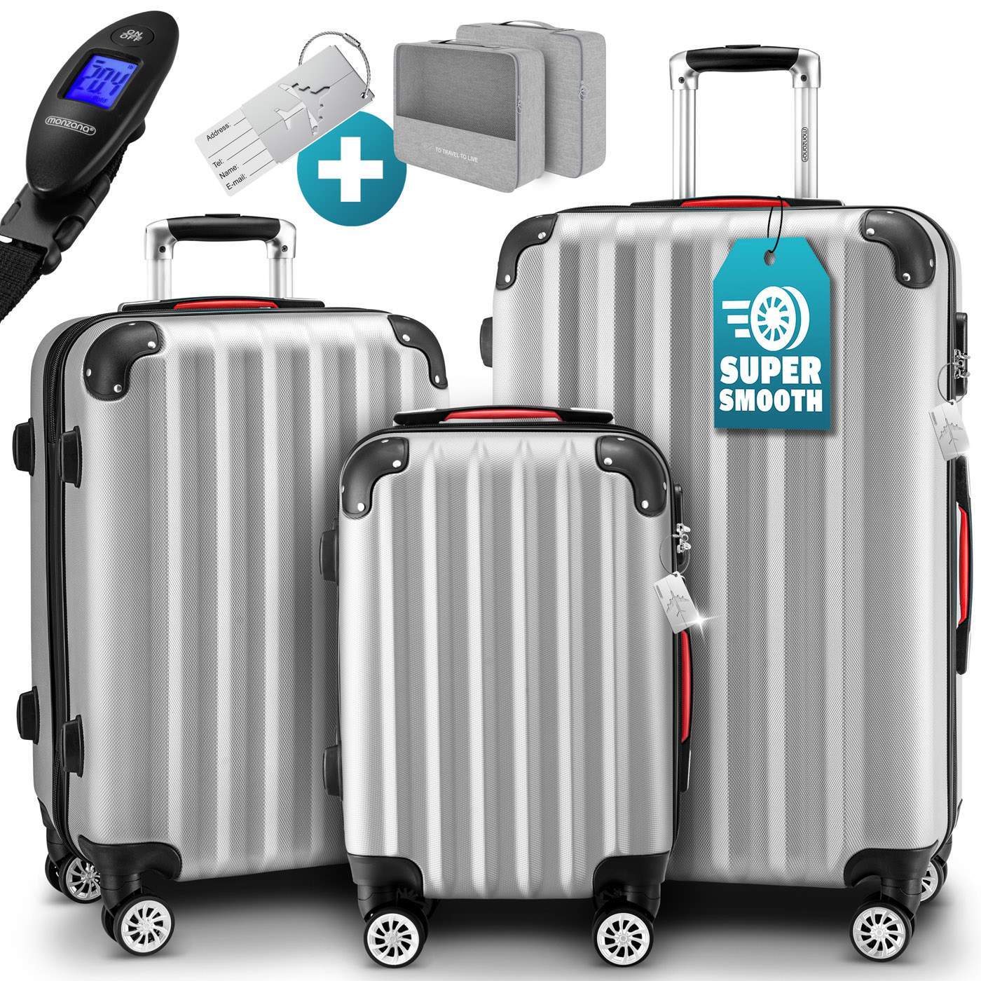 3-delat silverfärgat ABS-bagageset – hållbart, lätt, 360-graders hjul | Hem & Hobby | Pryloteket