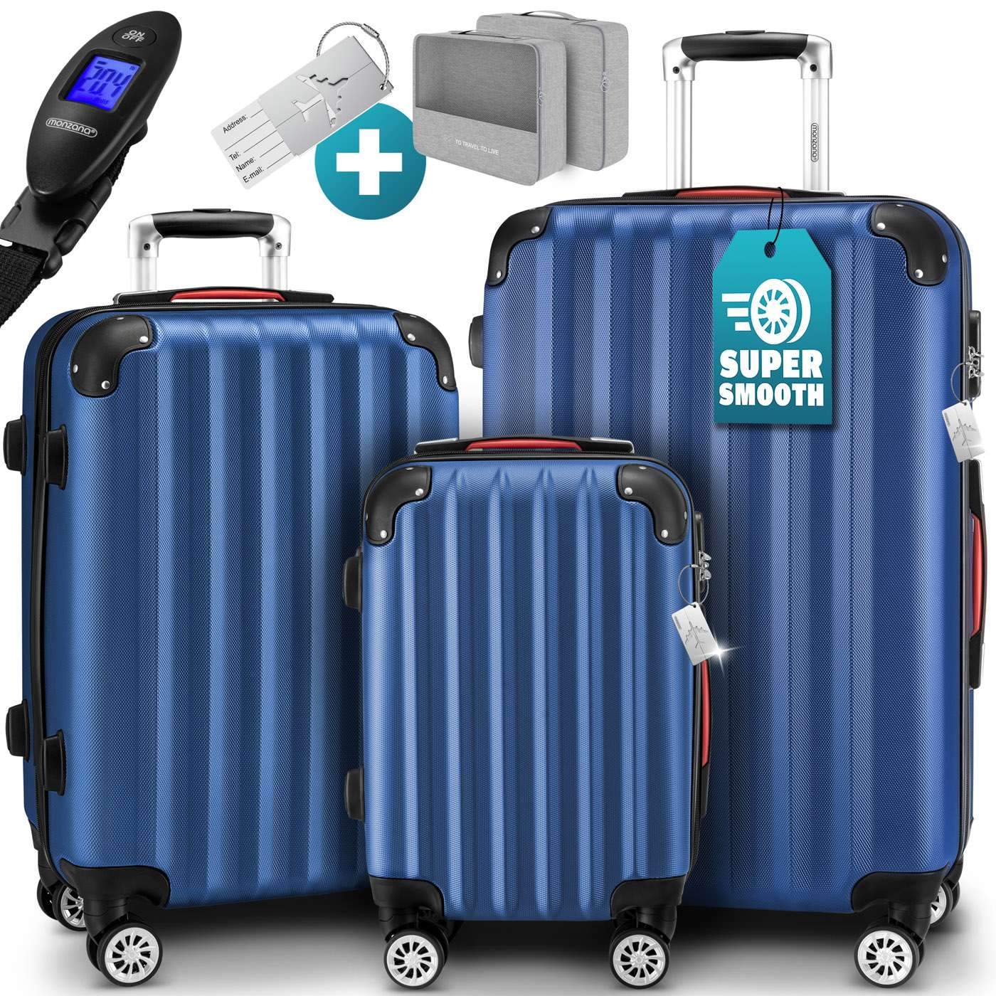 3-delt blå ABS hård kuffertsæt med 360 hjul