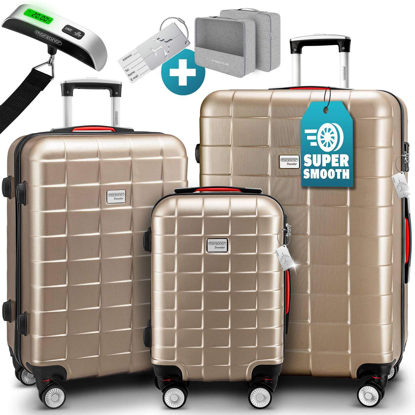3-delat champagnefärgat ABS-bagageset med TSA-lås | Hem & Hobby | Pryloteket