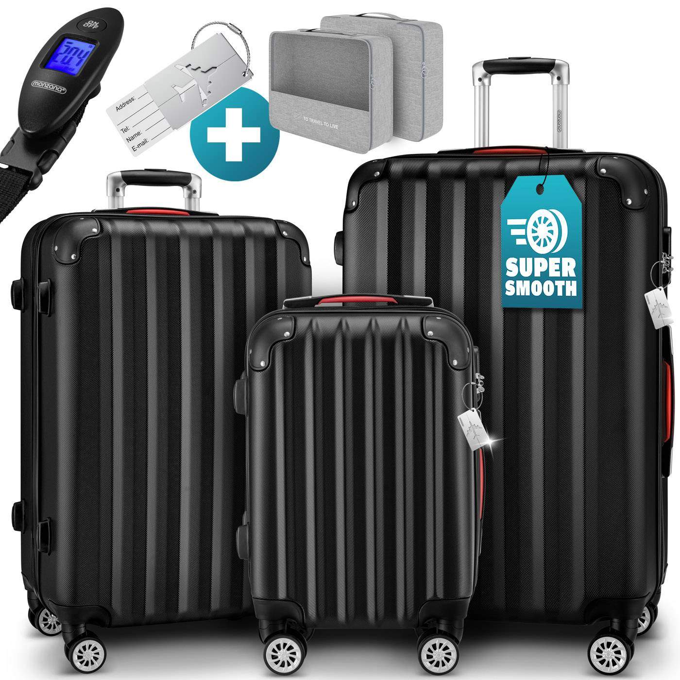 3-delt sort ABS-bagagesæt med 360 hjul