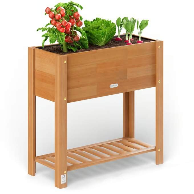 Upphöjd bädd i akaciaträ 68x30x75cm – 2 nivåer med hyllplan | Hem & Hobby | Pryloteket