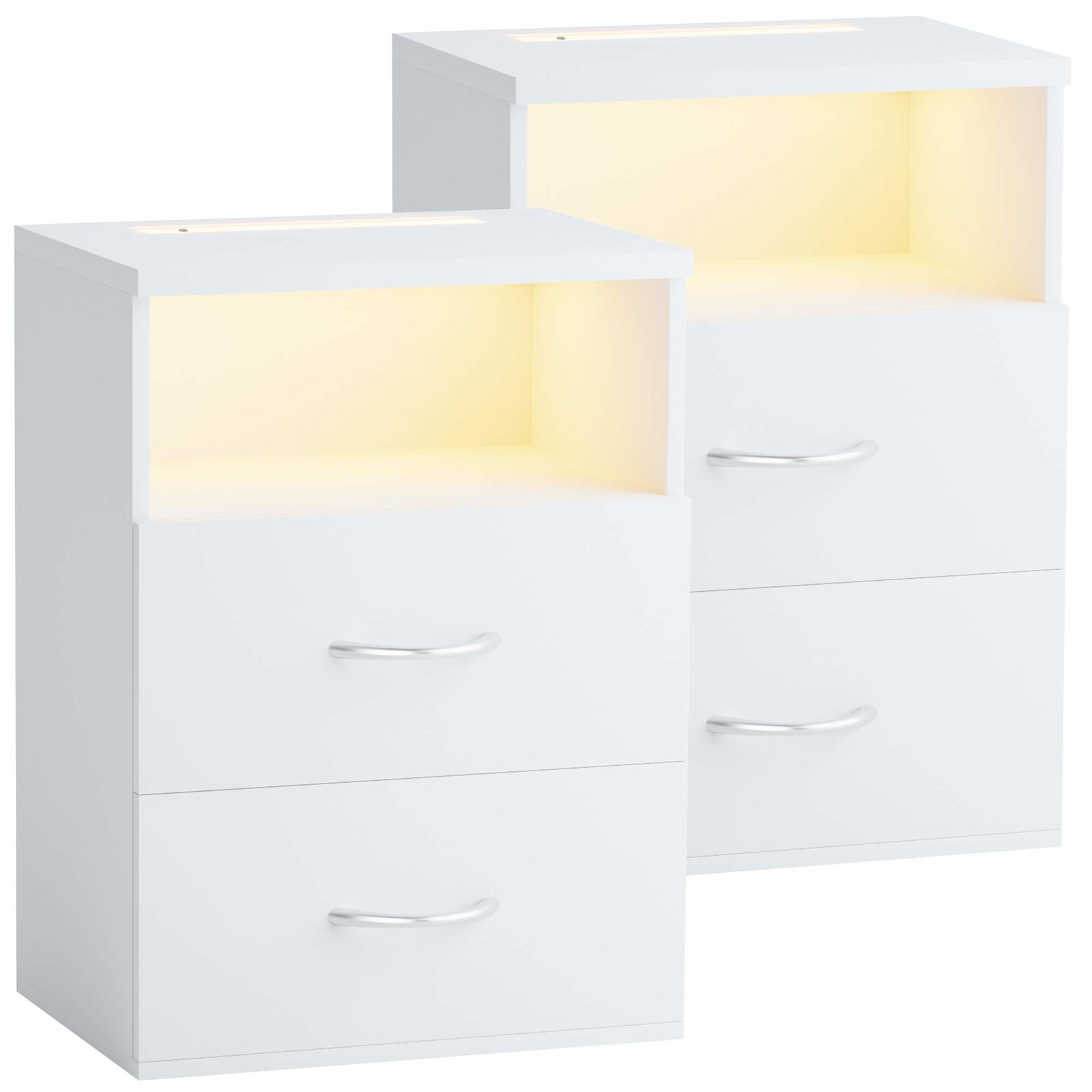 Hvide sengeborde sæt med 2 med LED-belysning, USB-port