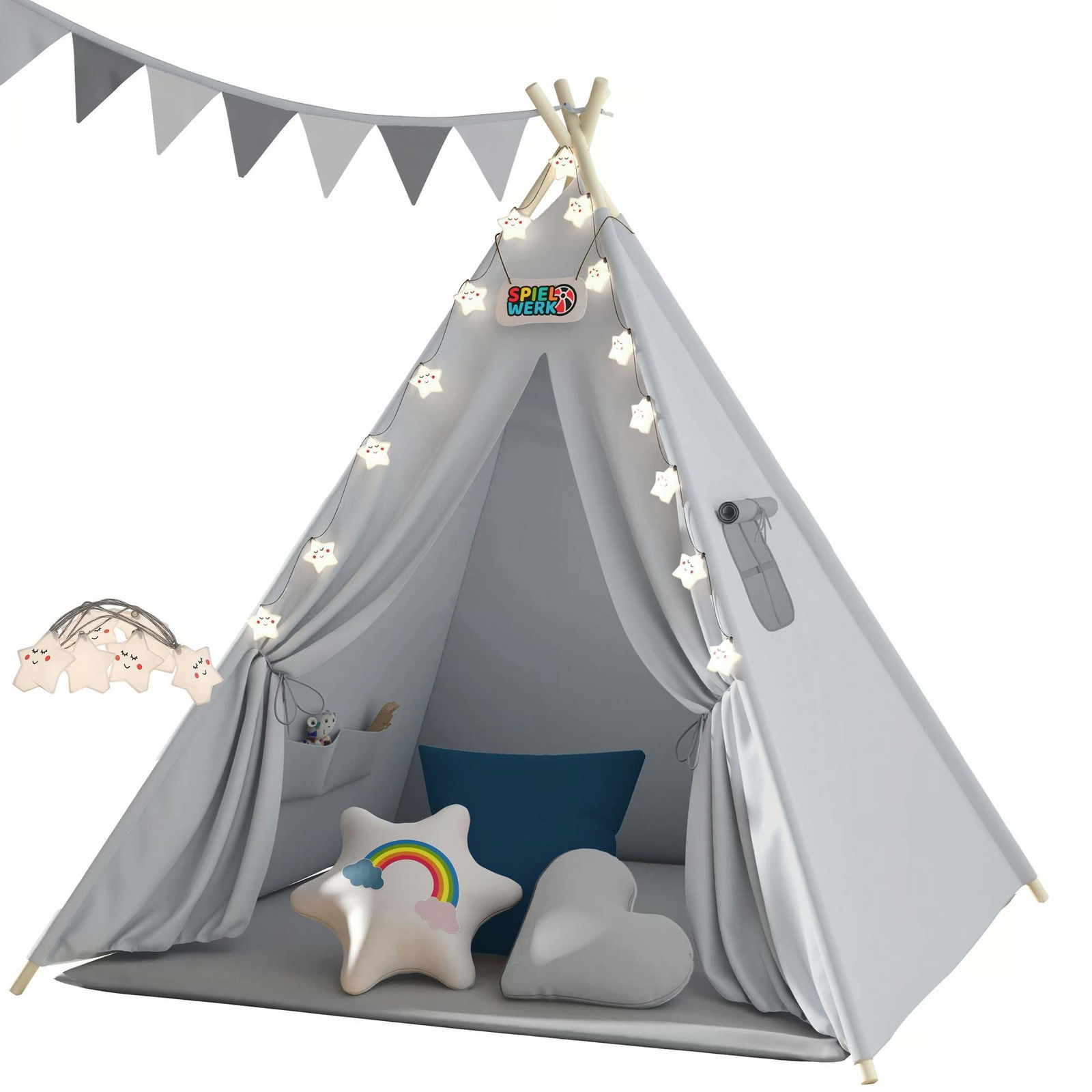 Børnetelt med måtte, lys og puder – grå 120x160 cm