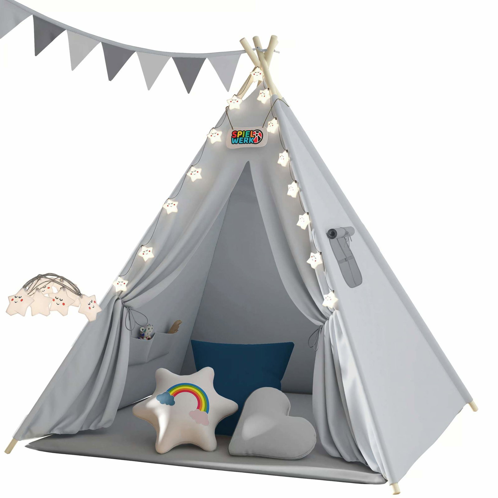 Barntält med matta, lampor och kuddar – grått 120x160cm | Hem & Hobby | Pryloteket