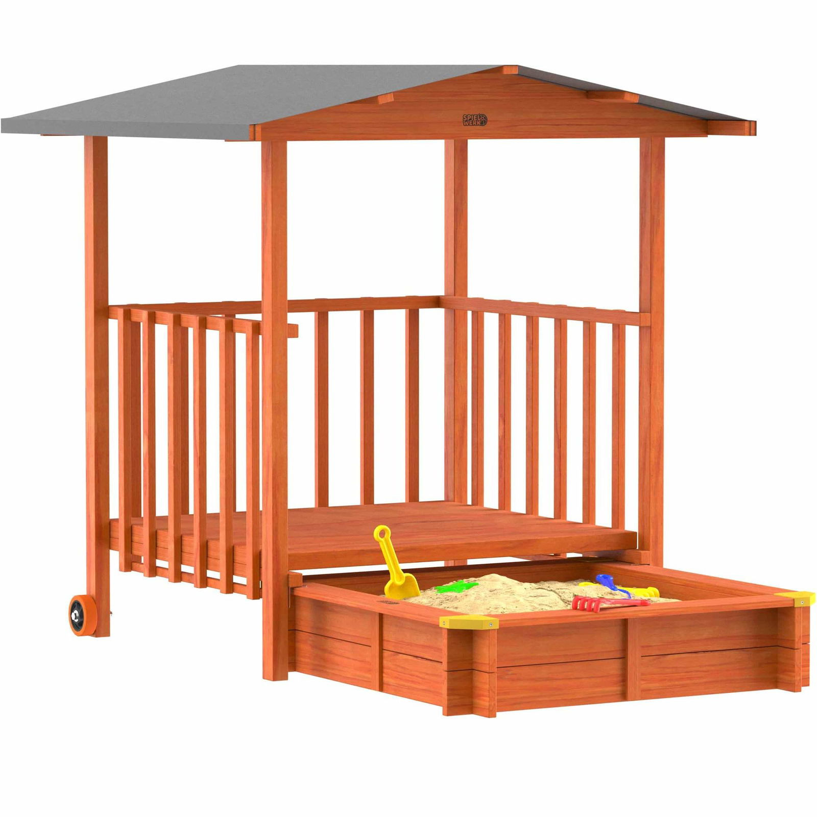 Sandkasse med overdækning og veranda – UV-beskyttelse, grantræ