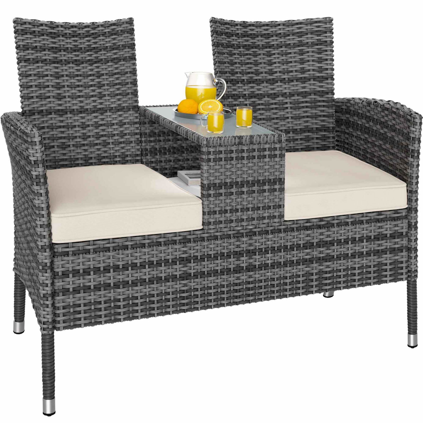 Polyrattan Jack & Jill bænk med bord – grå/beige, 143x64x87cm