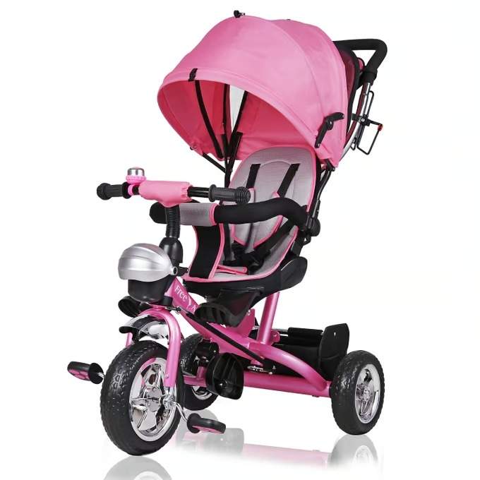 3-i-1 lyserød trehjulet cykel med forældrestyring og solskærm