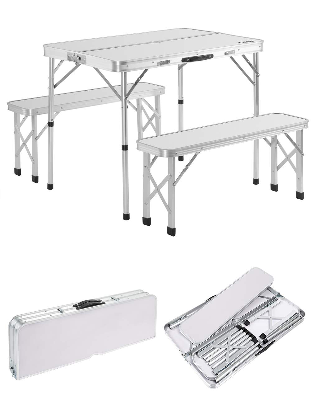 Campingbord- og bænksæt – Sammenklappelig, Aluminium, Hvid
