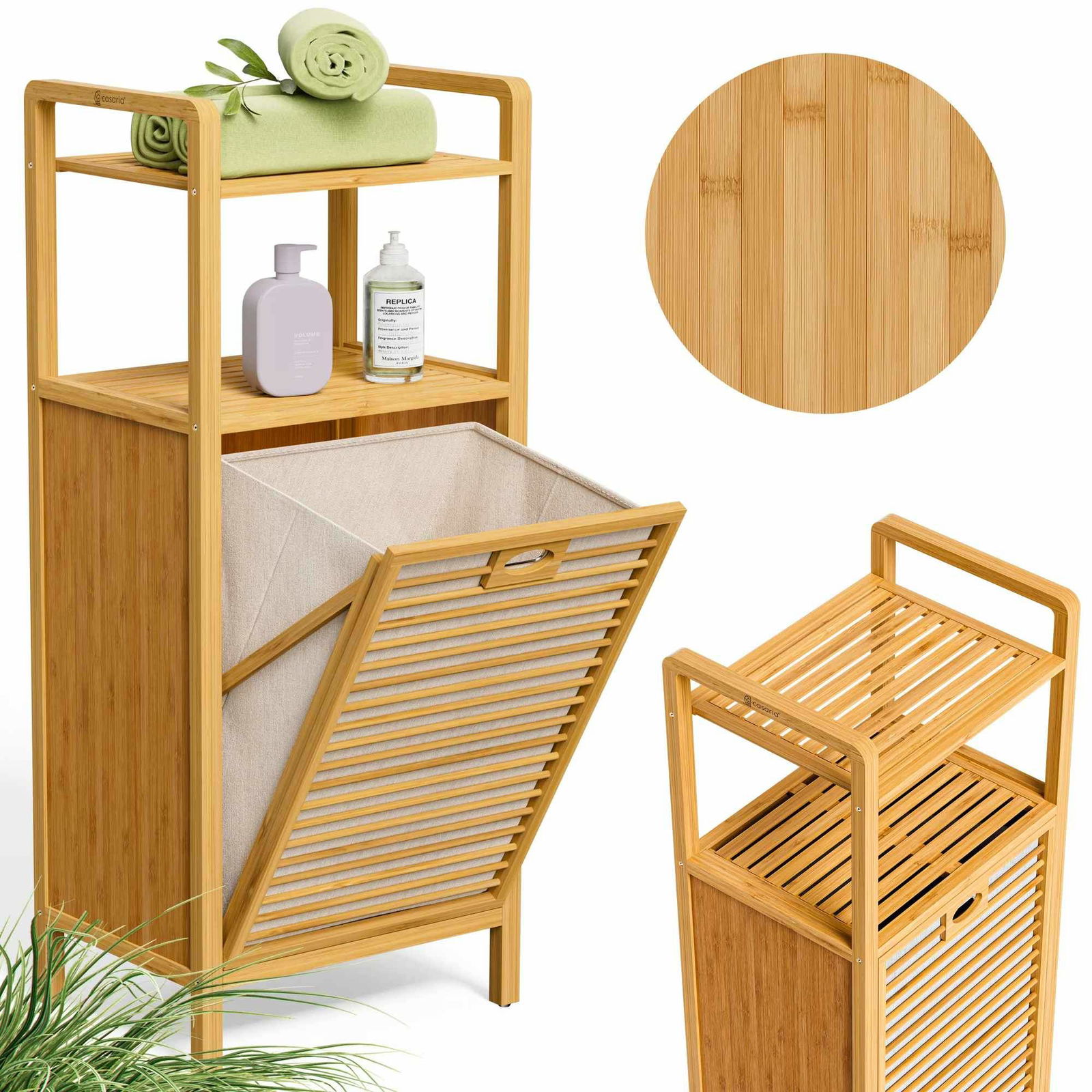 Bambus vasketøjskurv med hylder – 43L, pladsbesparende design