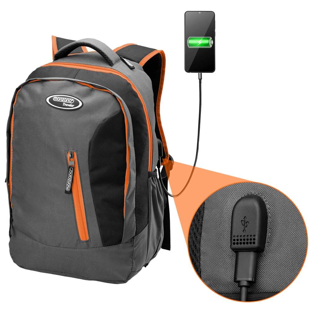 Ryggsäck 34L Grå/Orange – USB-port, Vattentålig | Hem & Hobby | Pryloteket
