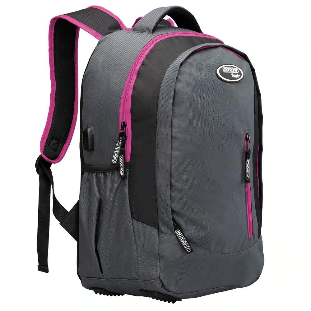 Rygsæk med USB-port, 34L, Vandafvisende, Grå/Pink