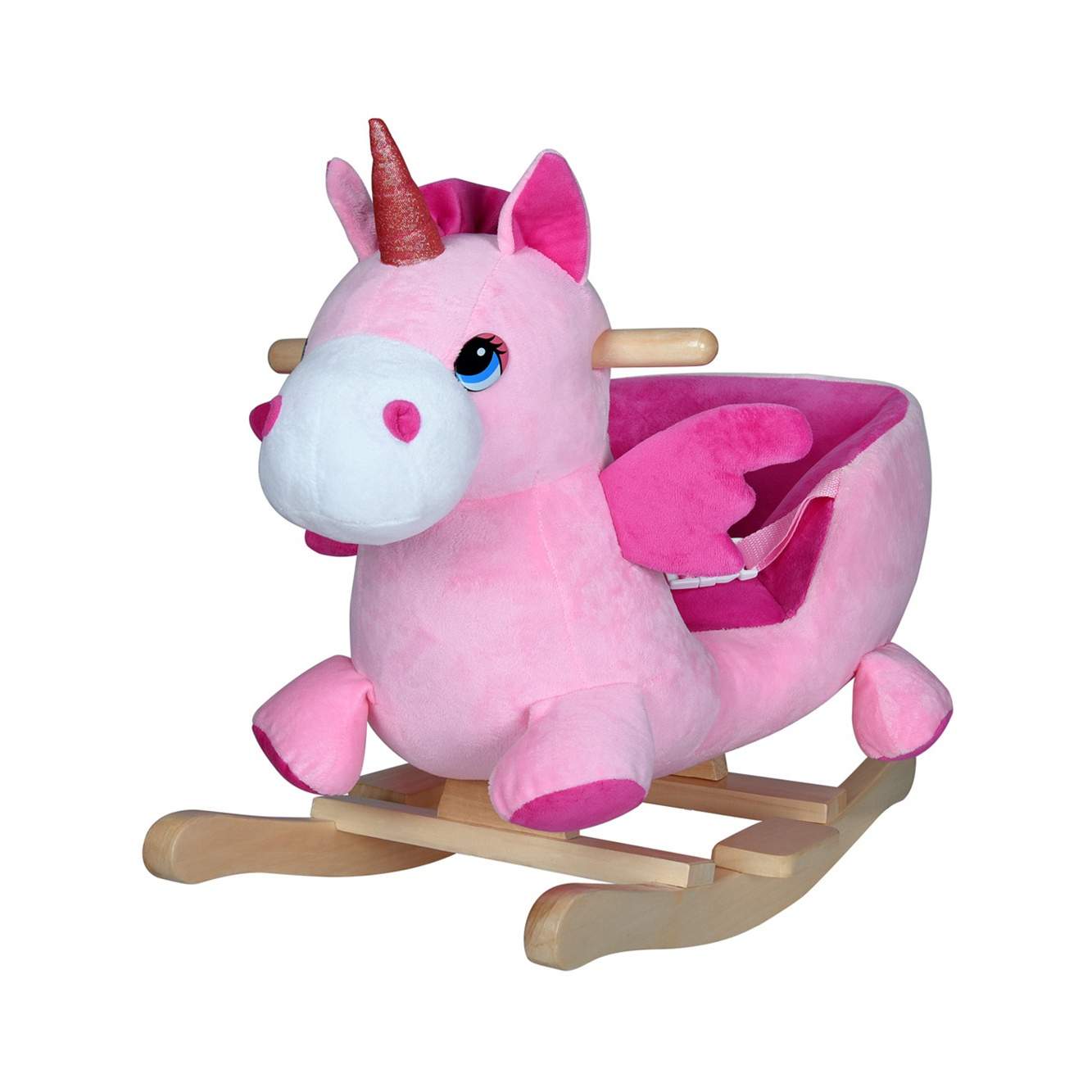 Gyngeenhjørning med lyd, blød plys, sikkerhedssele