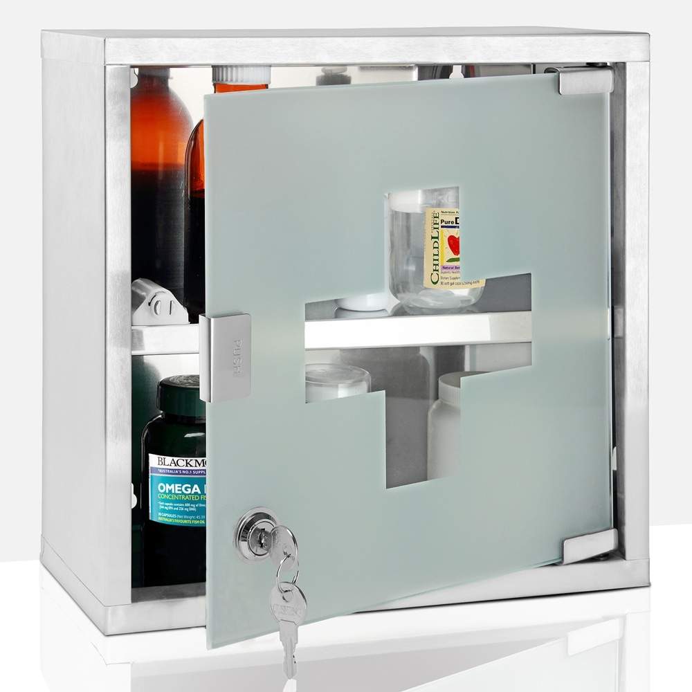 Medicinskab i rustfrit stål, 2 rum, aflåseligt