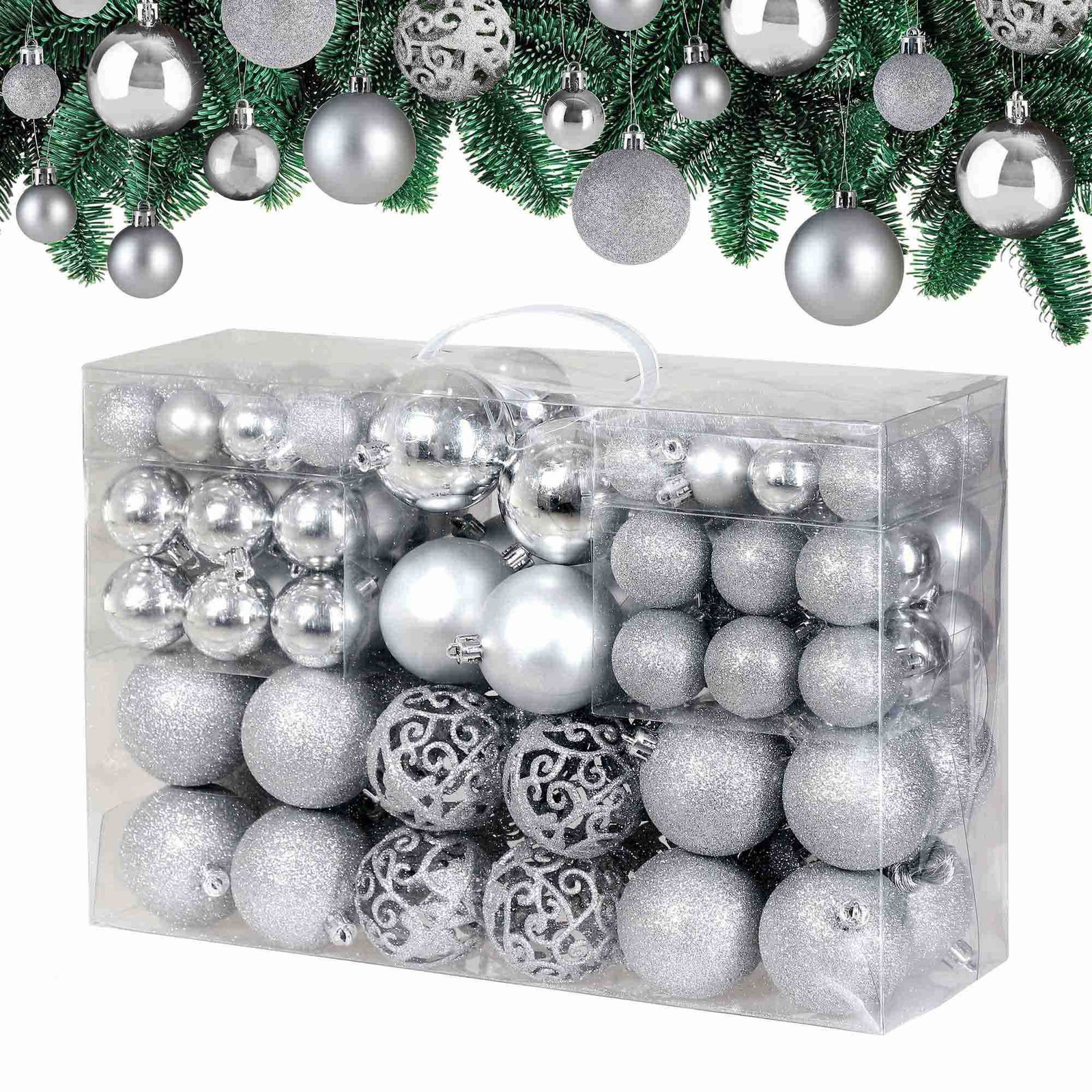 Sølv julekugler sæt, 100 dele, indendørs/udendørs