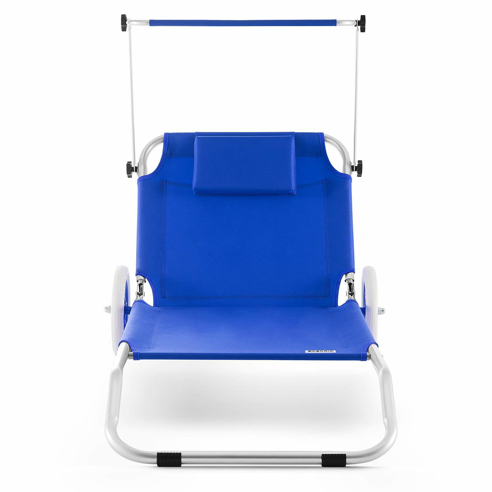 Blå aluminiums liggestol med hjul og solskærm