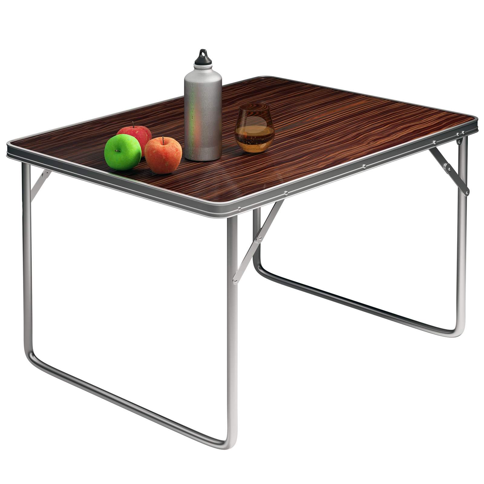 Sammenklappeligt campingbord i aluminium, trælook, 80x60x70cm