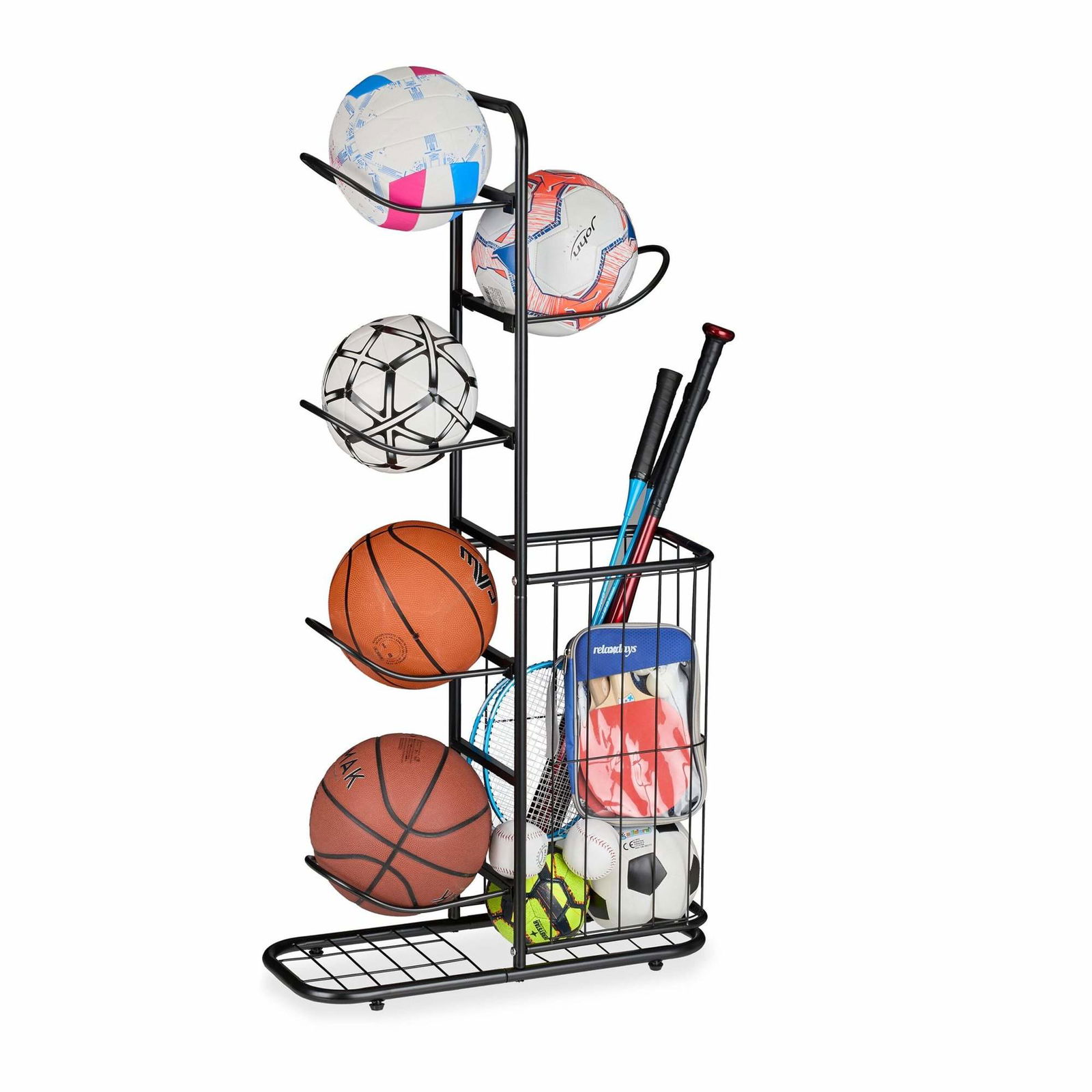 Boldstativ med 6 hylder og kurv til sportsudstyr