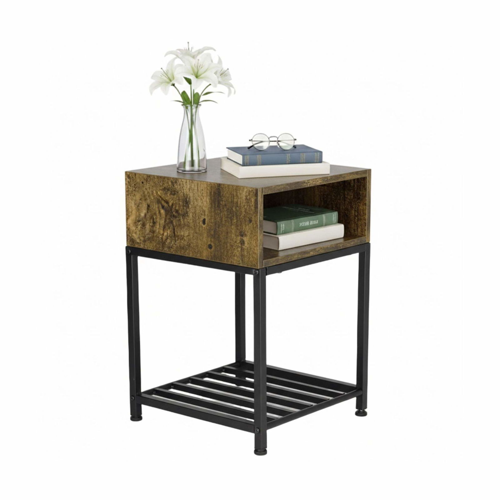Industrielt natbord – mørkt træ, åben og gitterhylde
