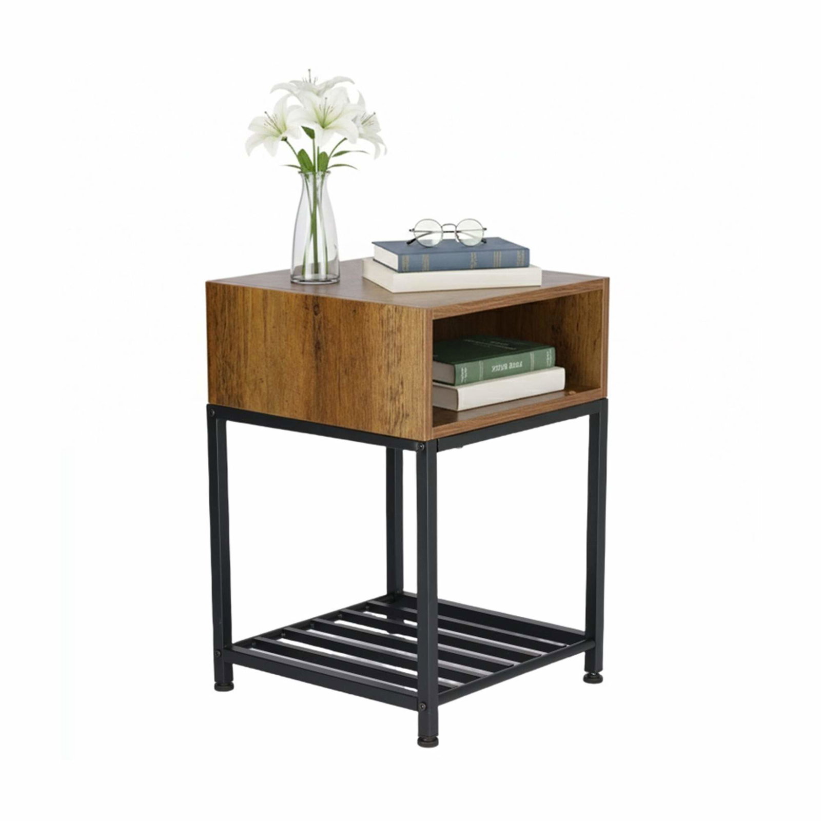 Industriellt nattduksbord med gallerhylla – mörk träfinish | Hem & Hobby | Pryloteket
