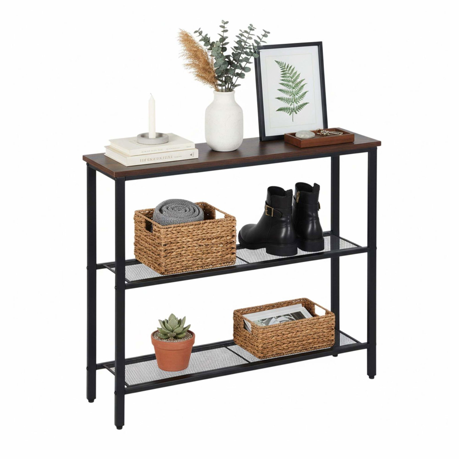 Industriellt konsolbord, 3-vånings hyllor, metall och trä | Hem & Hobby | Pryloteket