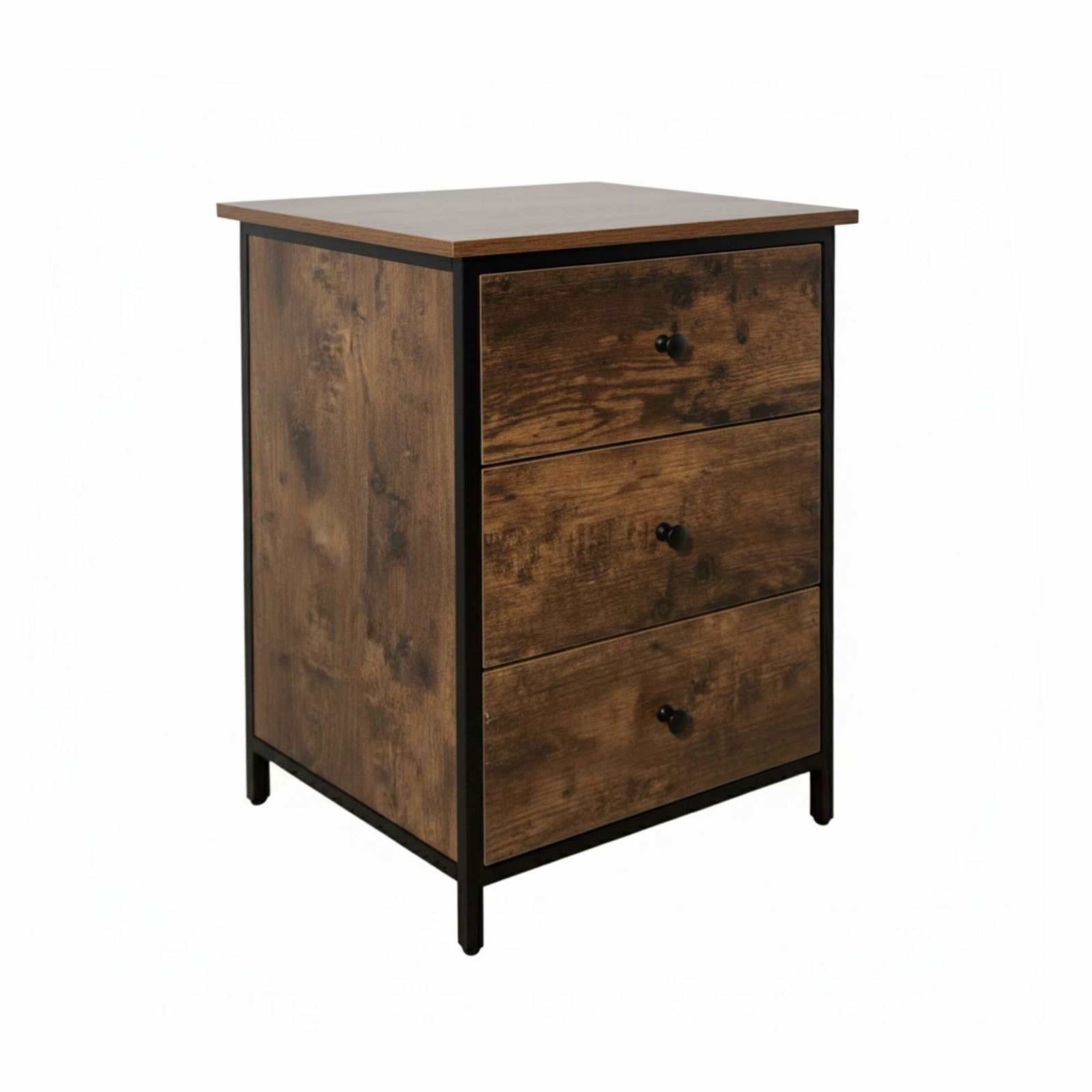 Natbord med 3 skuffer i trælook og metalramme