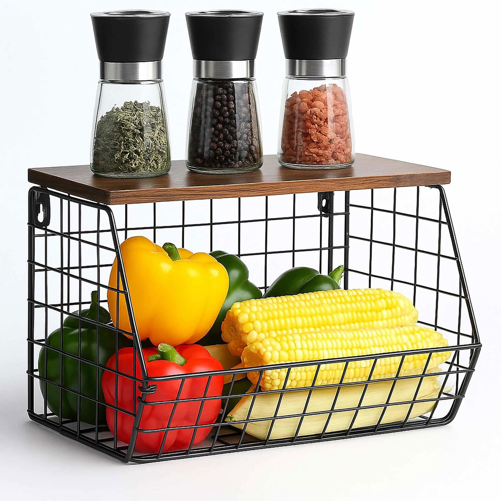 Väggmonterad gallerkorg med hyllplan i träeffekt | Hem & Hobby | Pryloteket