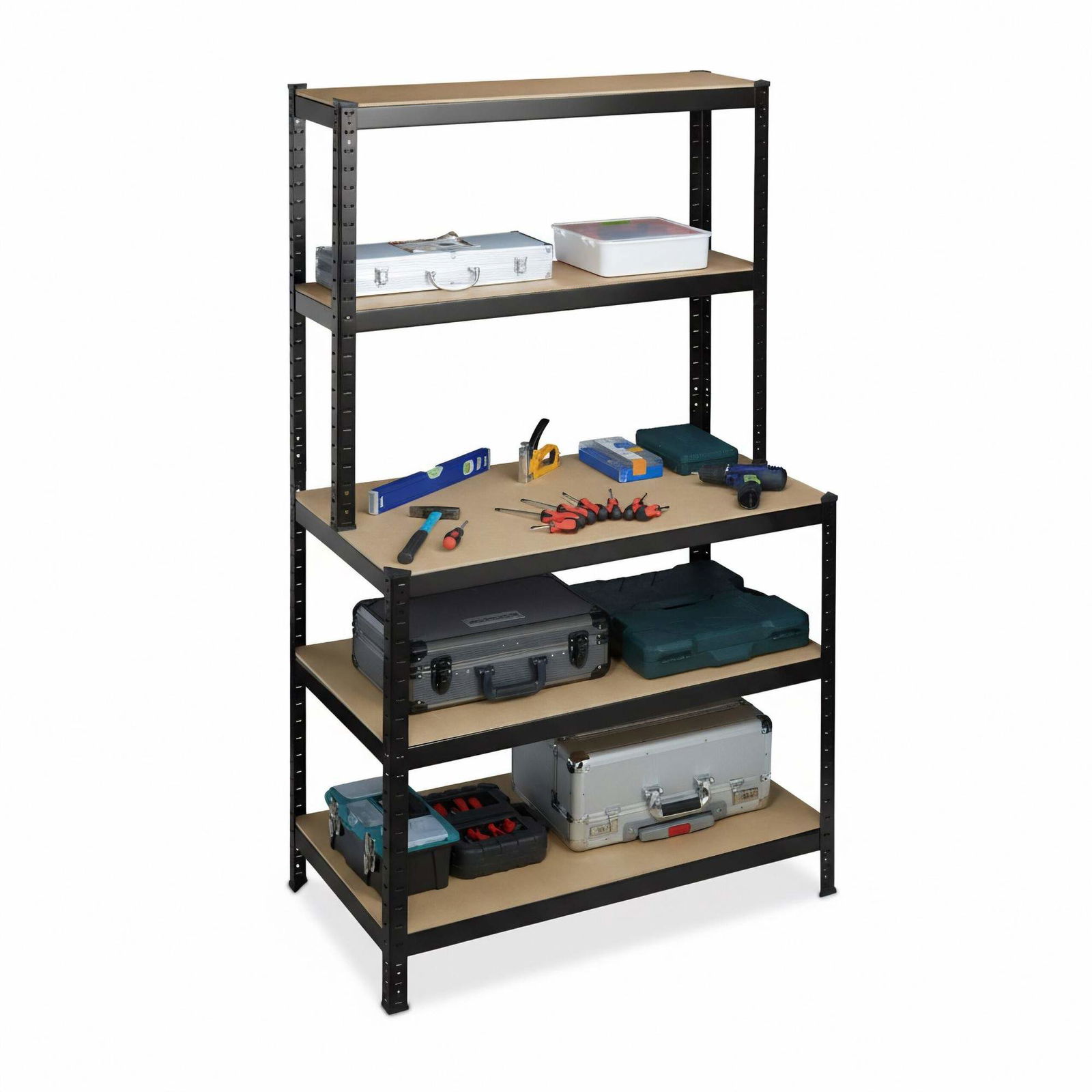 Kraftig reol med justerbar arbejdsbænk